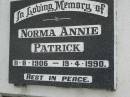 
Norma Annie PATRICK,
11-8-1906 - 19-4-1990;
Pimpama Uniting cemetery, Gold Coast
