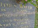 
Robert James WATTIE,
20-8-1918 - 7-6-1995,
missed by Michelle,
daughters Simone, Sara & Alison,
mother Isabel,
sisters Noela & Heather;
Pimpama Uniting cemetery, Gold Coast
