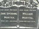 
Jane SPEDDING MURTHA,
mother,
died 16 Jan 1945;
William MURTHA,
father,
died 23 May 1946;
Pimpama Uniting cemetery, Gold Coast
