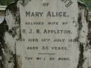 
Mary Alice,
wife of R.J.B. APPLETON,
died 10 July 1922 aged 55 years;
Pimpama Uniting cemetery, Gold Coast
