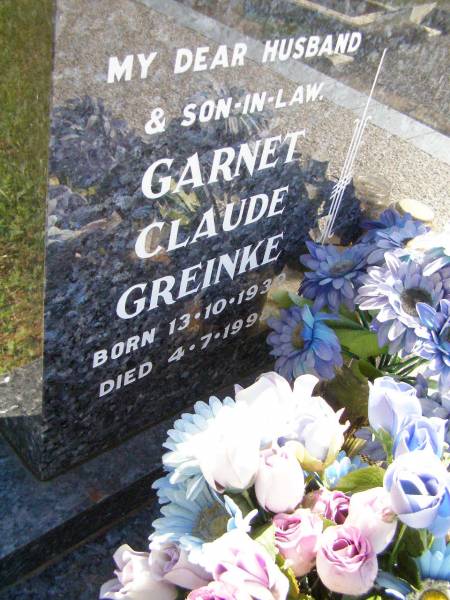Garnet Claude GREINKE, husband son-in-law,  | born 13-10-1930 died 4-7-1998;  | Pine Mountain St Peter's Anglican cemetery, Ipswich  | 