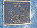 
Eric GOODIN,
6-11-1900 - 21-4-1989;
Edith Mary GOODIN,
27-12-1900 - 24-5-1989;
missed by Douglas, Leonard, Donald,
Jean, Joan, Fauna & families;
60th wedding anniversay Dec 1982;
Pine Mountain St Peters Anglican cemetery, Ipswich
