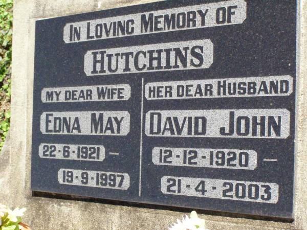 Edna May HUTCHINS, wife,  | 22-6-1921 - 19-9-1997;  | David John HUTCHINS, husband,  | 12-12-1920 - 21-4-2003;  | Pine Mountain St Peter's Anglican cemetery, Ipswich  | 