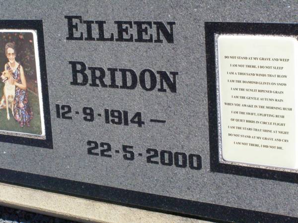 Eileen BRIDON,  | 12-9-1914 - 22-5-2000;  | Pine Mountain St Peter's Anglican cemetery, Ipswich  | 