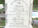 
Mary, wife of John MAHON,
born Ballin Valley, Kings County, Ireland,
died 13 Aug 1909 aged 75 years;
John MAHON,
died 2 Jan 1911 aged 75 years;
Lawerence, son,
died 13 July 1960 aged 81 years;
Florence Bridget MALONEY, granddaughter,
died 17 April 1909 aged 17 years;
Pine Mountain Catholic (St Michaels) cemetery, Ipswich
