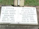 
Arthur Hubert SHERLOCK, husband father,
died 25 May 1977 aged 73 years;
Ellen Veronica SHERLOCK, wife mother,
died 18 Feb 1996 aged 92 years;
Pine Mountain Catholic (St Michaels) cemetery, Ipswich
