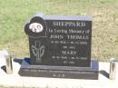 
John Thomas SHEPPARD,
8-10-1912 - 16-11-2000 aged 88 years;
Mary,
12-10-1919 - 30-11-2000 aged 81 years;
parents grandparents great-grandparents;
Pine Mountain Catholic (St Michaels) cemetery, Ipswich
