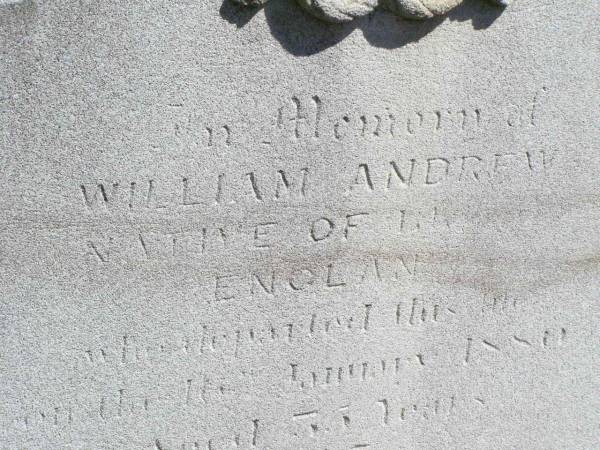 William ANDREWS, of ?? England,  | died 16 Jan 1880 aged 35 years;  | Catherine ANDREWS, wife,  | died 21 Nov 1918 aged 78 years;  | Elizabeth SHEPPARD,  | died 12 March 1958 aged 88;  | Francis Joseph SHEPPARD,  | died 16 march 1945 aged 65;  | Pine Mountain Catholic (St Michael's) cemetery, Ipswich  | 