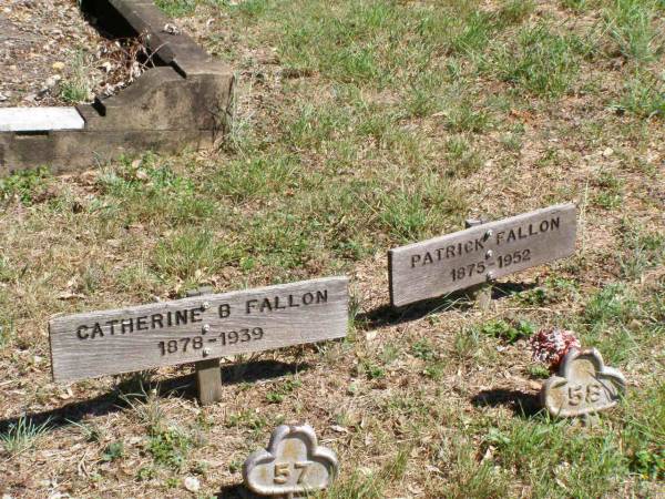 Catherine B. FALLON,  | 1878 - 1939;  | Patrick FALLON,  | 1875 - 1952;  | Pine Mountain Catholic (St Michael's) cemetery, Ipswich  | 