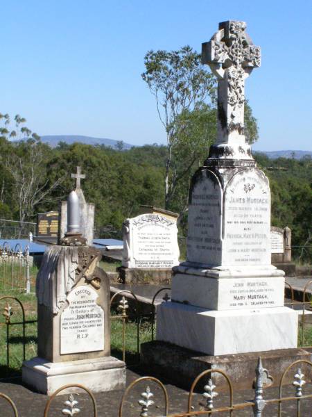 James MURTAGH,  | died 14 March 1908 aged 26 years;  | Patrick, May & Peter,  | infant children of John & Mary MURTAGH;  | parents;  | John MURTAGH,  | died 10 Sept 1935 aged 79 years;  | Mary MURTAGH,  | died 3 Feb 1938 aged 79 years;  | Matthew MURTAGH,  | died 6 Sept 1880 aged 50 years,  | native of County Clare Ireland;  | Hanorah, wife,  | died 16 Sept 1896 aged 65 years;  | Michael MURTAGH,  | killed in action Bullecourt France  | 11 April 1917 aged 28 years;  | Matthew MURTAGH,  | died 15? July 1962 aged 52 years;  | John MURGAH,  | served in Gallipoli & France;  | Pine Mountain Catholic (St Michael's) cemetery, Ipswich  | 