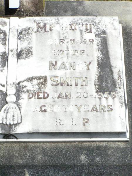 John Patrick SMITH, father,  | died 13 Jan 1966 aged 79 years;  | Nancy SMITH, mother,  | died 20 Jan 1958 aged 74 years;  | Pine Mountain Catholic (St Michael's) cemetery, Ipswich  | 