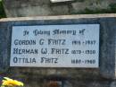 Gordon G. FRITZ, 1915 - 1937; Herman W. FRITZ, 1879 - 1950; Ottilia FRITZ, 1880 - 1960; Plainland Lutheran Cemetery, Laidley Shire 