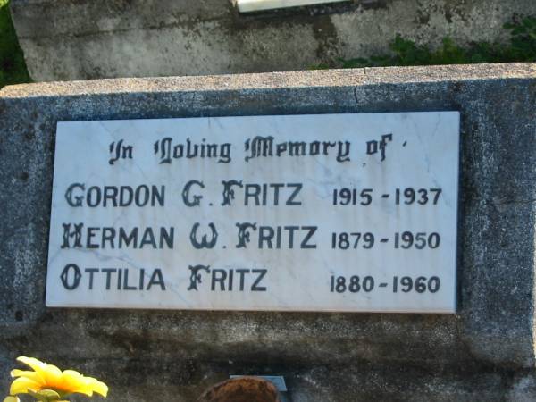 Gordon G. FRITZ, 1915 - 1937;  | Herman W. FRITZ, 1879 - 1950;  | Ottilia FRITZ, 1880 - 1960;  | Plainland Lutheran Cemetery, Laidley Shire  | 