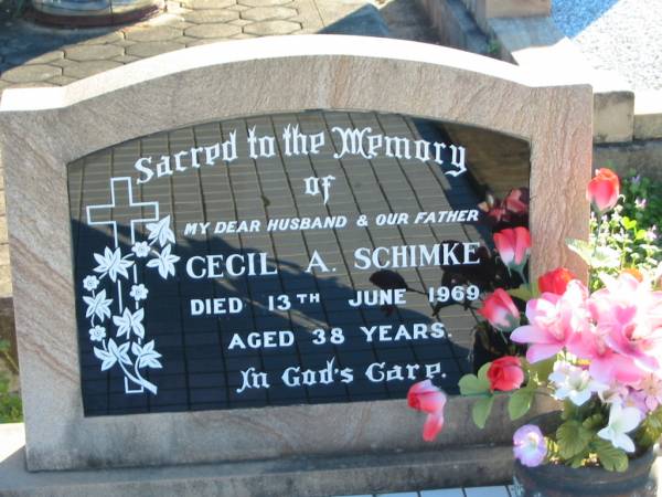Cecil A. SCHIMKE, husband father,  | died 13 June 1969 aged 38 years;  | Plainland Lutheran Cemetery, Laidley Shire  | 