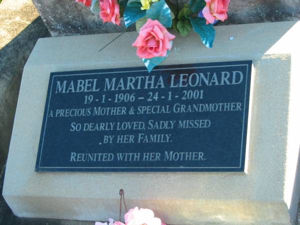 Bertha W A DENNIEN  | 25 Jan 1931, aged 54  | Mabel Martha LEONARD  | b: 19 Jan 1906, d: 24 Jan 2001  | Plainland Lutheran Cemetery, Laidley Shire  | 