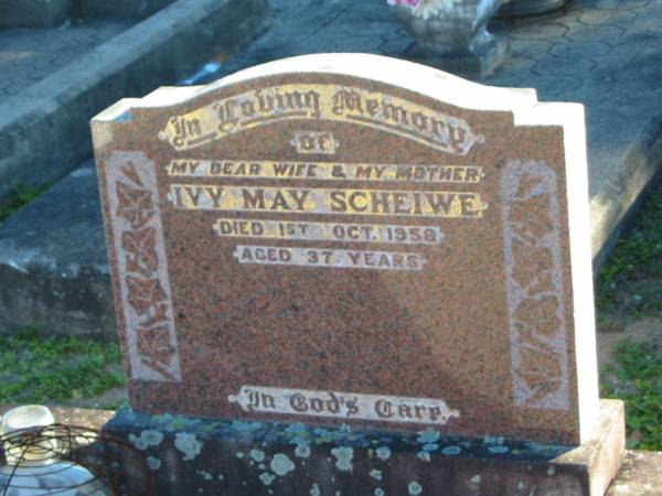 Ivy May SCHEIWE, wife mother,  | died 1 Oct 1958 aged 37 years;  | Plainland Lutheran Cemetery, Laidley Shire  | 