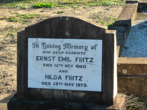parents;  | Ernst Emil FRITZ,  | died 12 Nov 1960;  | Hilda FRITZ,  | died 28 May 1978;  | Plainland Lutheran Cemetery, Laidley Shire  | 