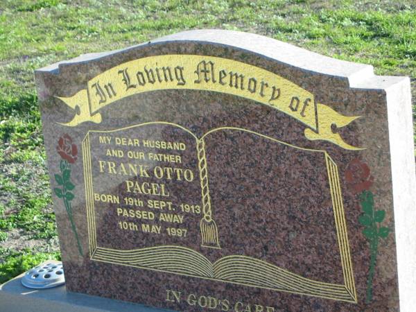 Frank Otto PAGEL, husband father,  | born 19 Sept 1913 died 10 May 1997;  | Plainland Lutheran Cemetery, Laidley Shire  | 