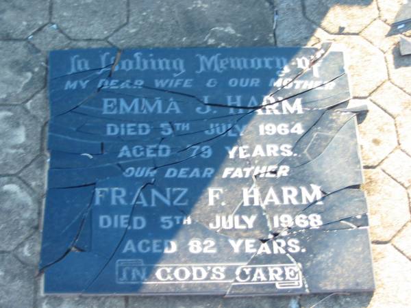 Emma J HARM  | d: 5 Jul 1964, aged 79  | Franz F HARM  | d: 5 Jul 1968, aged 82  | Plainland Lutheran Cemetery, Laidley Shire  | 