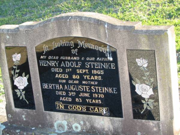 Henry Adolf STEINKE  | d: 1 Sep 1965, aged 80  | Bertha Auguste STEINKE  | d: 3 Jun 1970, aged 83  | Plainland Lutheran Cemetery, Laidley Shire  | 