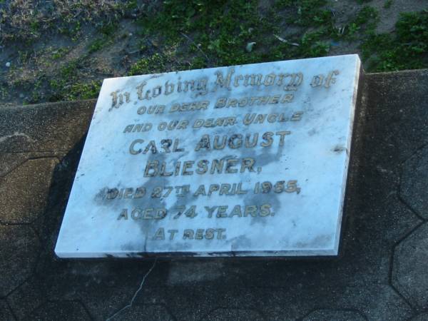 Carl August BLIESNER  | 27 Apr 1955, aged 74  | Plainland Lutheran Cemetery, Laidley Shire  | 