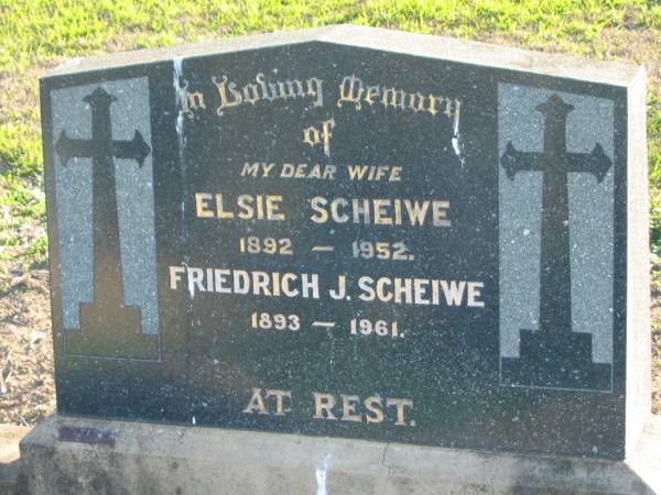 (wife) Elsie SCHEIWE  | 1892 - 1952  | Friedrich J SCHEIWE  | 1893 - 1961  | Plainland Lutheran Cemetery, Laidley Shire  | 