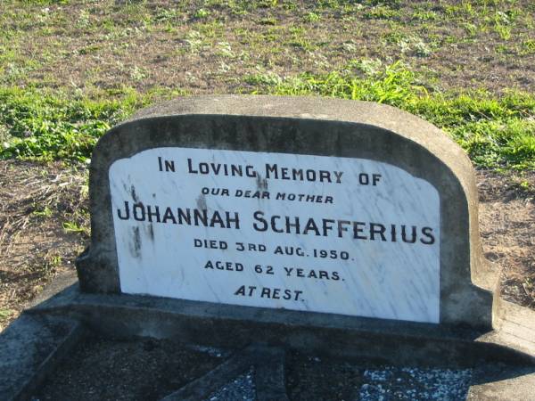 Johannah SCHAFFERIUS  | 3 Aug 1950, aged 62  | Plainland Lutheran Cemetery, Laidley Shire  | 