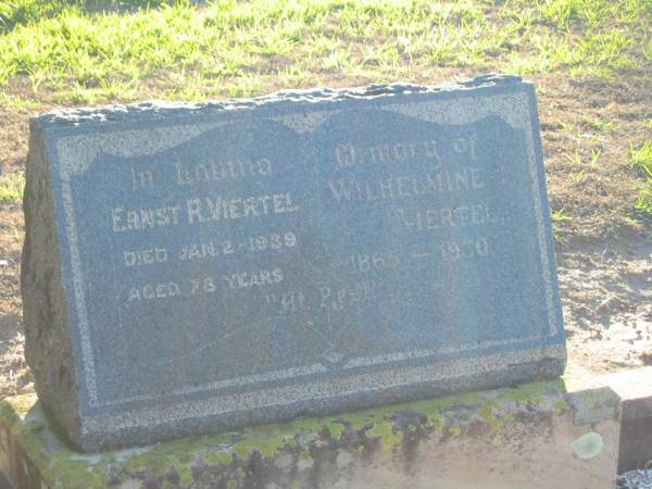 Ernst R VIERTEL  | 2 Jan 1939, aged 78  | Wilhelmine VIERTEL  | 1865 - 1930  | Plainland Lutheran Cemetery, Laidley Shire  | 