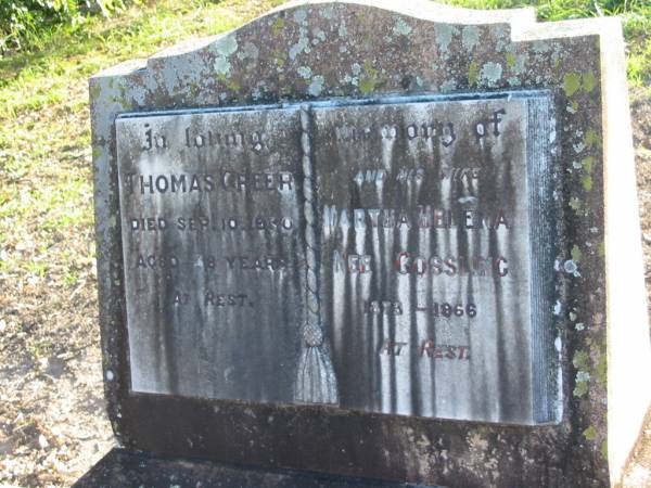 Thomas GREER  | 10 Sep 1930, aged 58  | (wife) Martha Helena GREER (nee GOSSLING)  | 1873 - 1966  | Plainland Lutheran Cemetery, Laidley Shire  | 