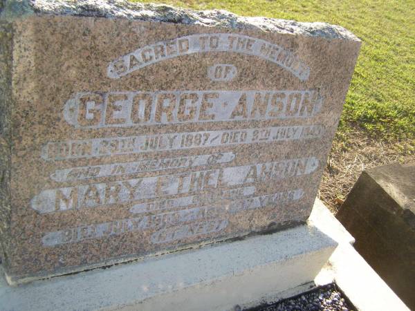 George ANSON,  | born 29 July 1887,  | died 9 July 1943;  | Mary Ethel ANSON,  | died Brisbane 31 July 1969 aged 77 years;  | Polson Cemetery, Hervey Bay  | 