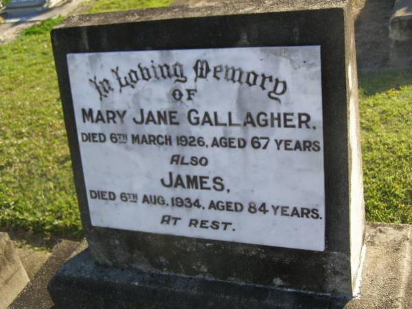 Mary Jane GALLAGHER,  | died 6 March 1926 aged 67 years;  | James,  | died 6 Aug 1934 aged 84 years;  | Polson Cemetery, Hervey Bay  | 