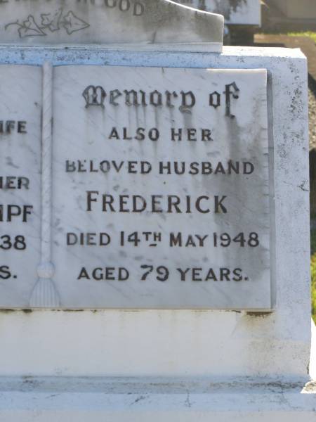 Johanna SEMPF,  | wife mother,  | died 18 July 1938 aged 70 years;  | Frederick,  | husband,  | died 14 May 1948 aged 79 years;  | Polson Cemetery, Hervey Bay  | 