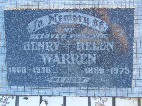 Henry WARREN,  | 1860 - 1936;  | Helen WARREN,  | 1886 - 1875;  | parents;  | Polson Cemetery, Hervey Bay  | 