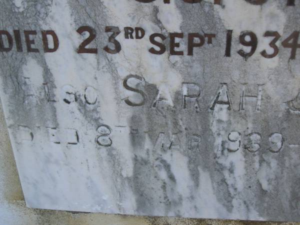 David George,  | husband of S.J. STONE,  | died 23 Sept 1934 aged 78 years;  | Sarah J. STONE,  | died 8 Mar 1939 aged 85 years;  | Polson Cemetery, Hervey Bay  | 