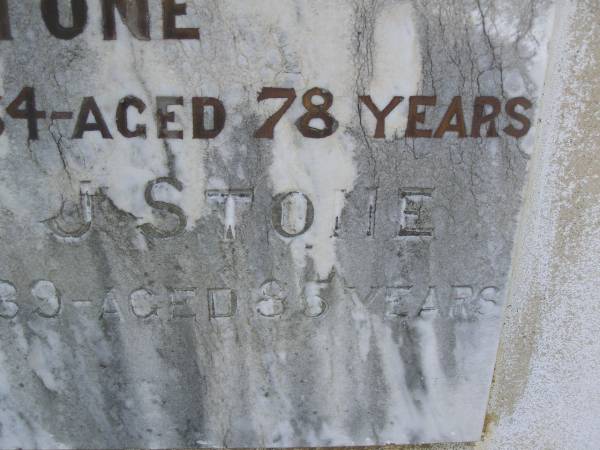 David George,  | husband of S.J. STONE,  | died 23 Sept 1934 aged 78 years;  | Sarah J. STONE,  | died 8 Mar 1939 aged 85 years;  | Polson Cemetery, Hervey Bay  | 