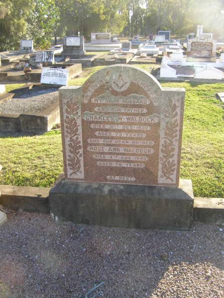 Charles W. WALDOCK,  | husband father,  | died 31 Oct 1932 aged 73 years;  | Rose Ann WALDOCK,  | mother,  | died 4 Aug 1943 aged 78 years;  | Polson Cemetery, Hervey Bay  | 