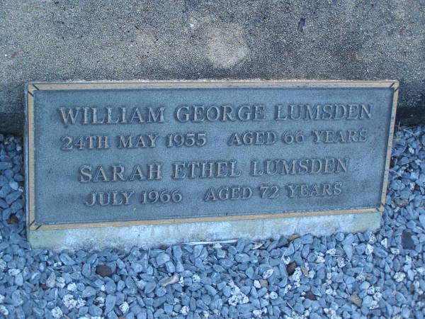 William George LUMSDEN,  | died 24 May 1955 aged 66 years;  | Sarah Ethel LUMSDEN,  | died July 1966 aged 72 years;  | Polson Cemetery, Hervey Bay  | 