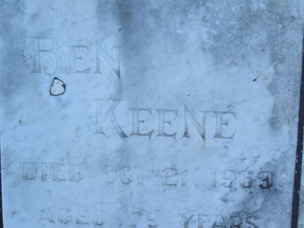 Ben KEENE,  | died 21 Oct 1969 aged 79 years;  | Ethel KEENE,  | wife,  | died 20 May 1957 aged 68 years;  | Polson Cemetery, Hervey Bay  | 