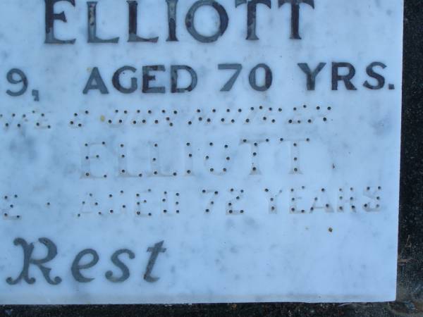 George ELLIOTT,  | husband step-father,  | died 23 Nov 1959 aged 70 years;  | Nellie ELLIOTT,  | wife mother,  | died 9 March 1972 aged 72 years;  | Polson Cemetery, Hervey Bay  | 