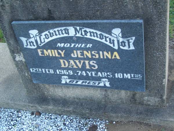 Emily Jensina DAVIS,  | mother,  | died 12 Feb 1969 aged 74 years 10 months;  | Polson Cemetery, Hervey Bay  | 