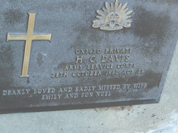 H.C. DAVIS,  | died 28 Oct 1962 aged 59 years,  | wife Emily,  | son Neil;  | Polson Cemetery, Hervey Bay  | 