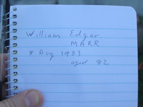William Edgar MARR,  | died 8 Aug 1983 aged 82 years;  | Polson Cemetery, Hervey Bay  | 