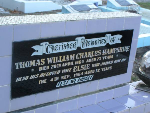 Thomas William Charles HAMPSHIRE,  | died 29 April 1964 aged 73 years;  | Elsie,  | wife,  | died 4 Sept 1964 aged 72 years;  | Polson Cemetery, Hervey Bay  | 