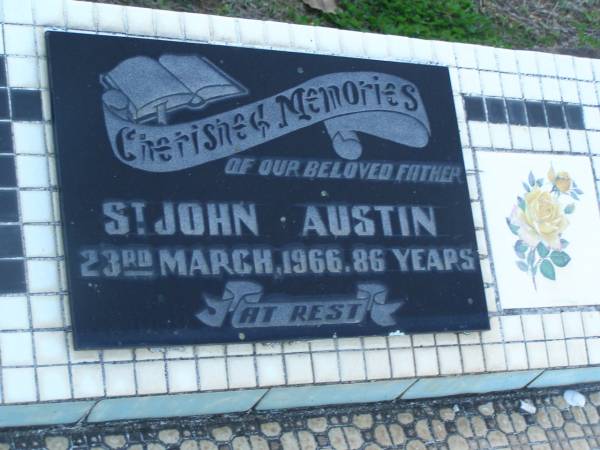 St John AUSTIN,  | father,  | died 23 March 1966 aged 86 years;  | Polson Cemetery, Hervey Bay  | 