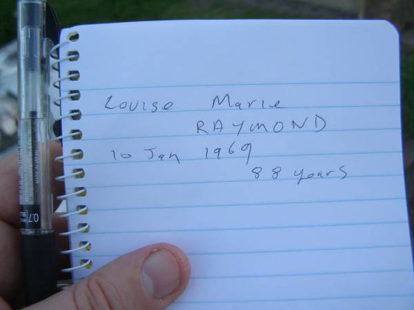 Louise Marie RAYMOND,  | died 10 Jan 1969 aged 88 years;  | Polson Cemetery, Hervey Bay  | 