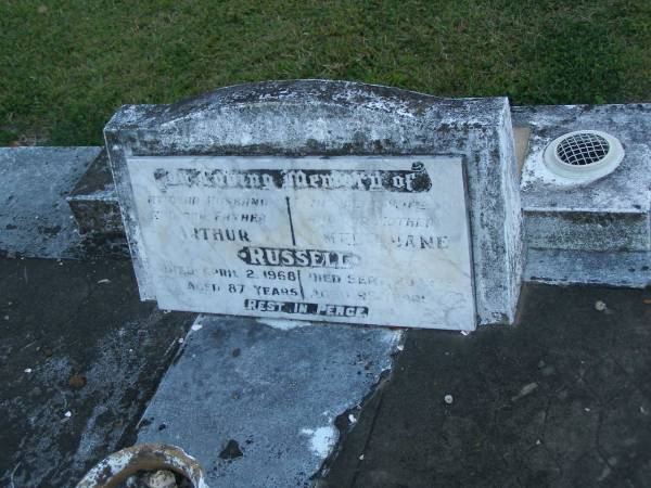 Arthur RUSSELL,  | husband father,  | died 2 April 1968 aged 87 years;  | Amelia Jane RUSSELL,  | wife mother,  | died 28 Sept 1979 aged 95 years;  | Polson Cemetery, Hervey Bay  | 