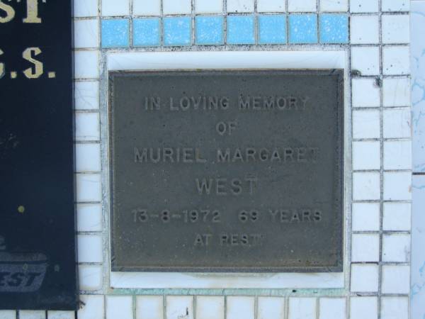 Vernon Harold WEST,  | died 9-11-1967 aged 69 years,  | husband father;  | Muriel Margaret WEST,  | died 13-8-1972 aged 69 years;  | Polson Cemetery, Hervey Bay  | 