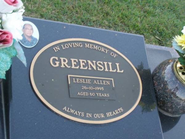 Leslie Allen GREENSILL,  | died 26-10-1995 aged 60 years;  | Polson Cemetery, Hervey Bay  | 