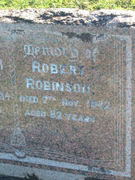 Theadora M. ROBINSON,  | died 9 Sept 1934 aged 71 years;  | Robert ROBINSON,  | died 7 Nov 1942 aged 82 years;  | Polson Cemetery, Hervey Bay  | 