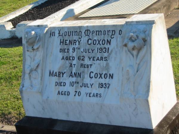 Henry COXON,  | died 9 July 1931 aged 62 years;  | Mary Ann COXON,  | died 10 July 1937 aged 70 years;  | Polson Cemetery, Hervey Bay  | 